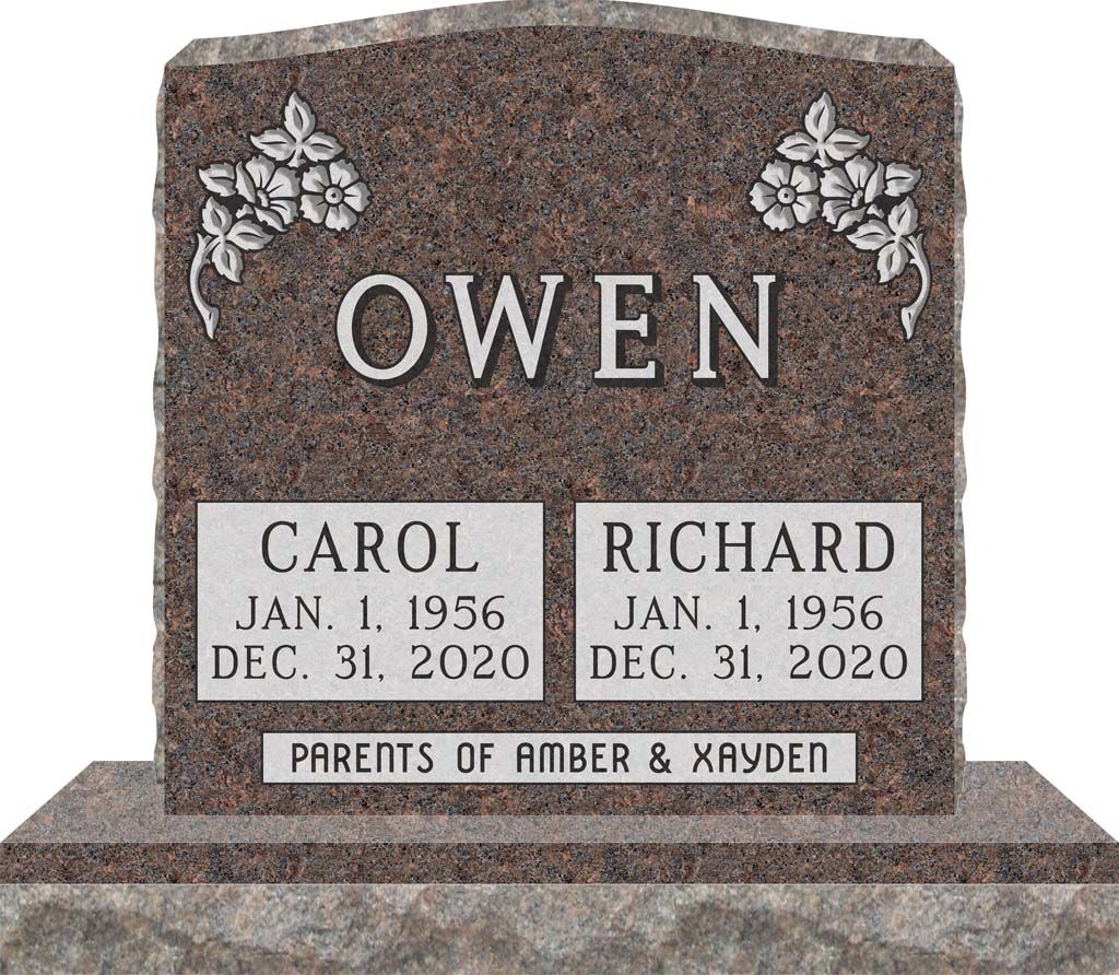 Brown granite memorial gravestone for Owen with two inset plaques for Carol and Richard.