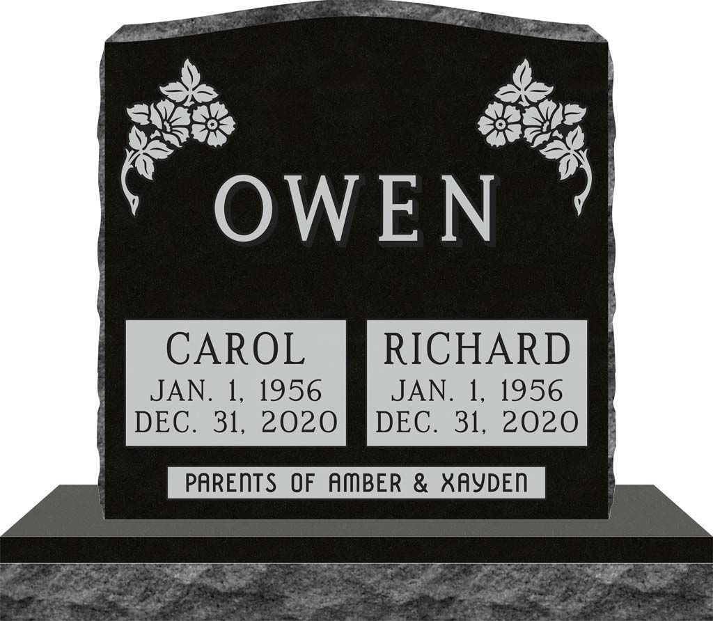 Black headstone for Owen with floral corners and plaques for Carol and Richard, parents of Amber & Kayden