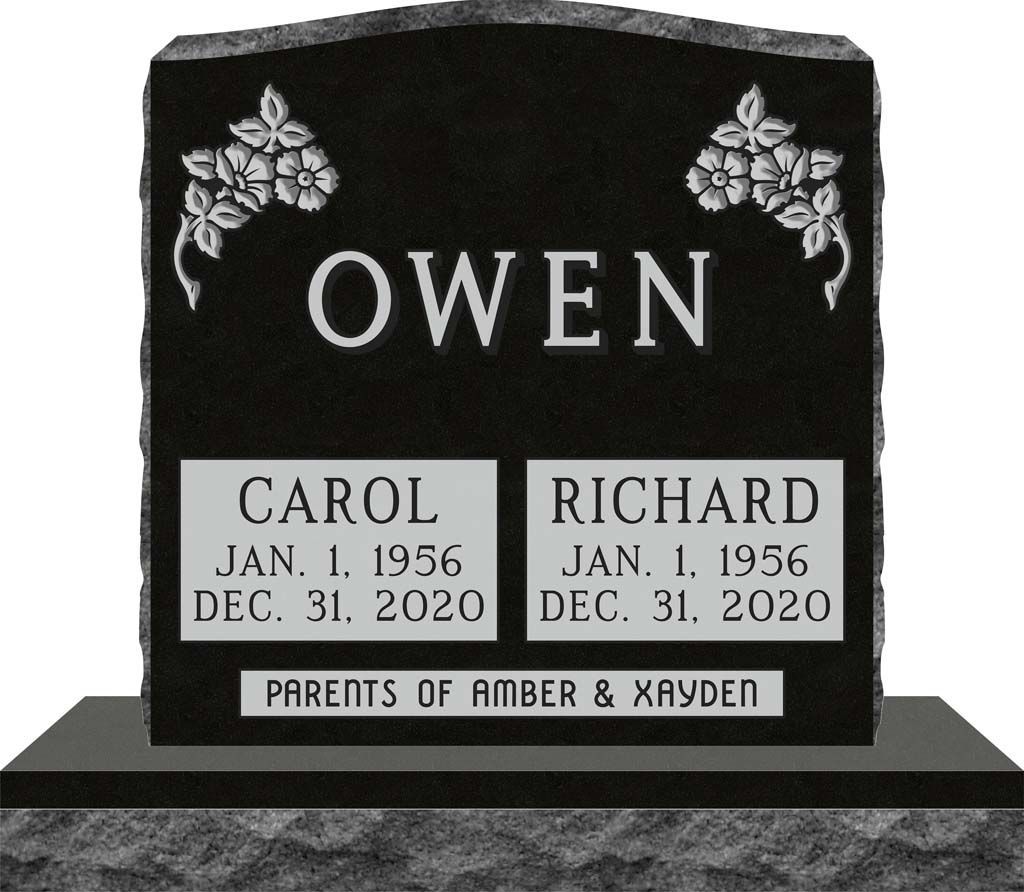 Black granite memorial headstone for Owen with Carol and Richard plaques and floral engraving