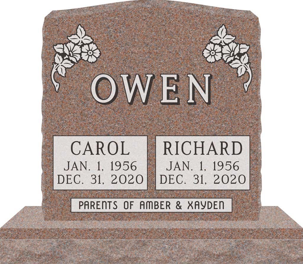 Pink granite memorial headstone engraved OVEN, with floral carvings and plaques for Carol and Richard Owen.