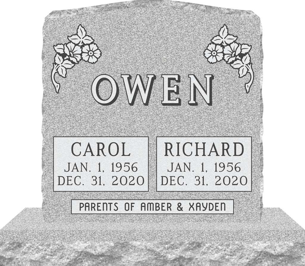 Gray gravestone engraved “OWEN” with memorial plaques for Carol and Richard beneath floral accents.