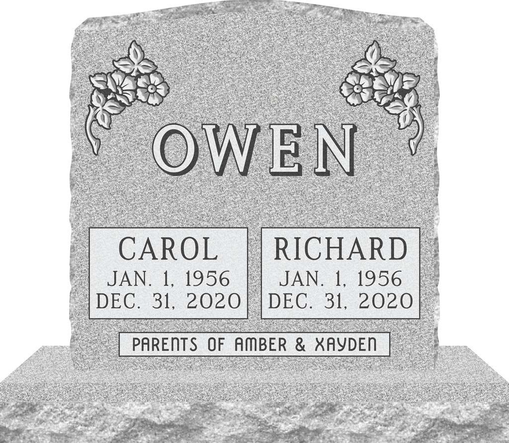 Gray gravestone engraved “OWEN” with names Carol and Richard and dates, decorated with floral accents
