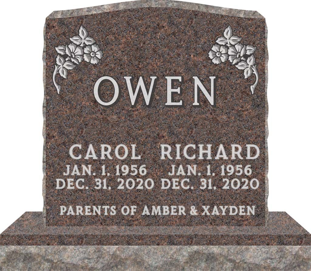 Gray gravestone for Owen with floral carvings and inscriptions for Carol and Richard, parents of Amber & Kayden.