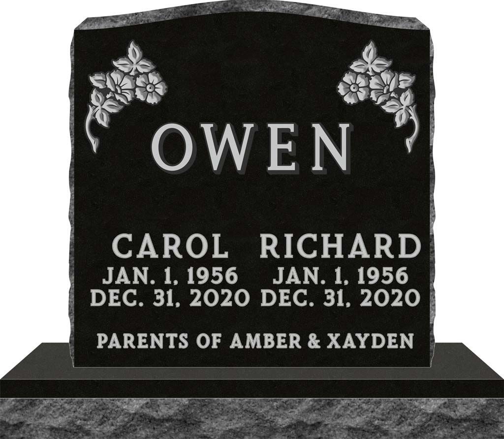 Black memorial gravestone engraved “OWEN” with floral corners and names Carol and Richard, parents of Amber & Kayden