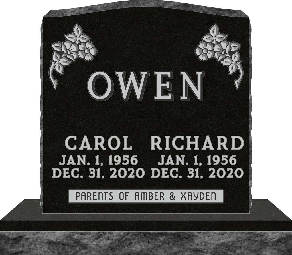 Black memorial gravestone for Owen, Carol, and Richard with floral carvings and dates 1920–2020.