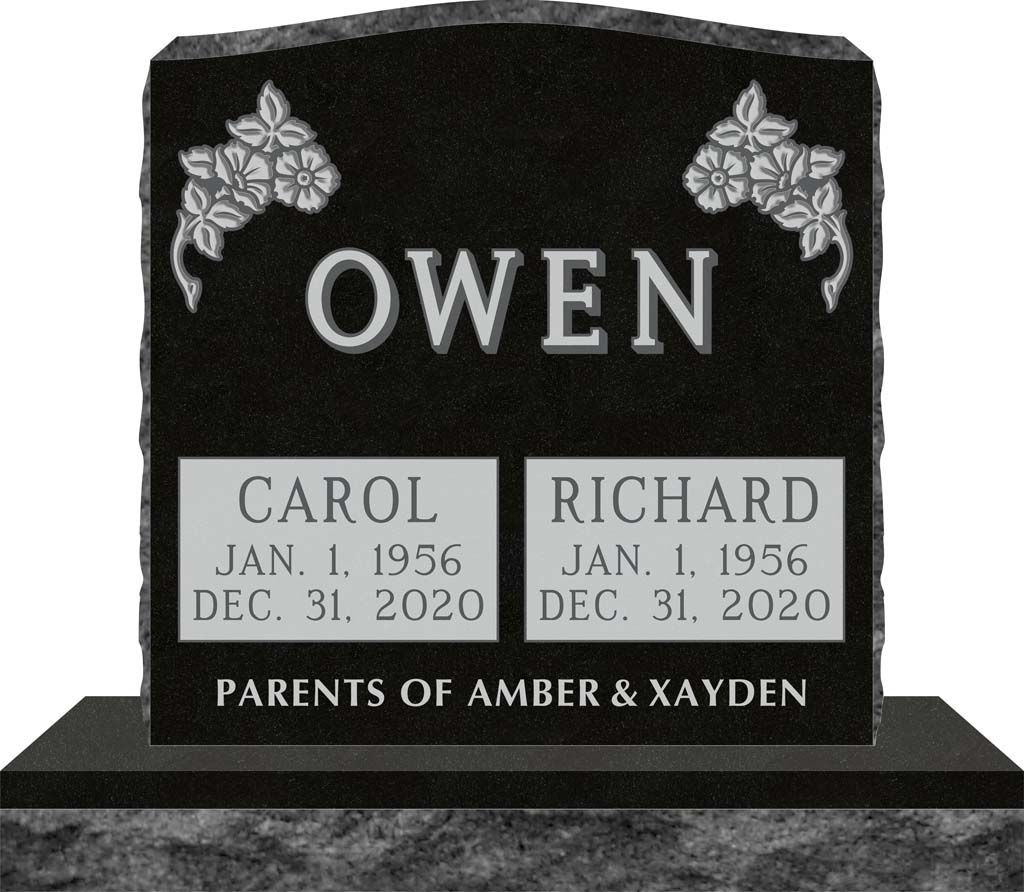 Black gravestone with “OWEN” and plaques for Carol and Richard, parents of Amber and Kayden.