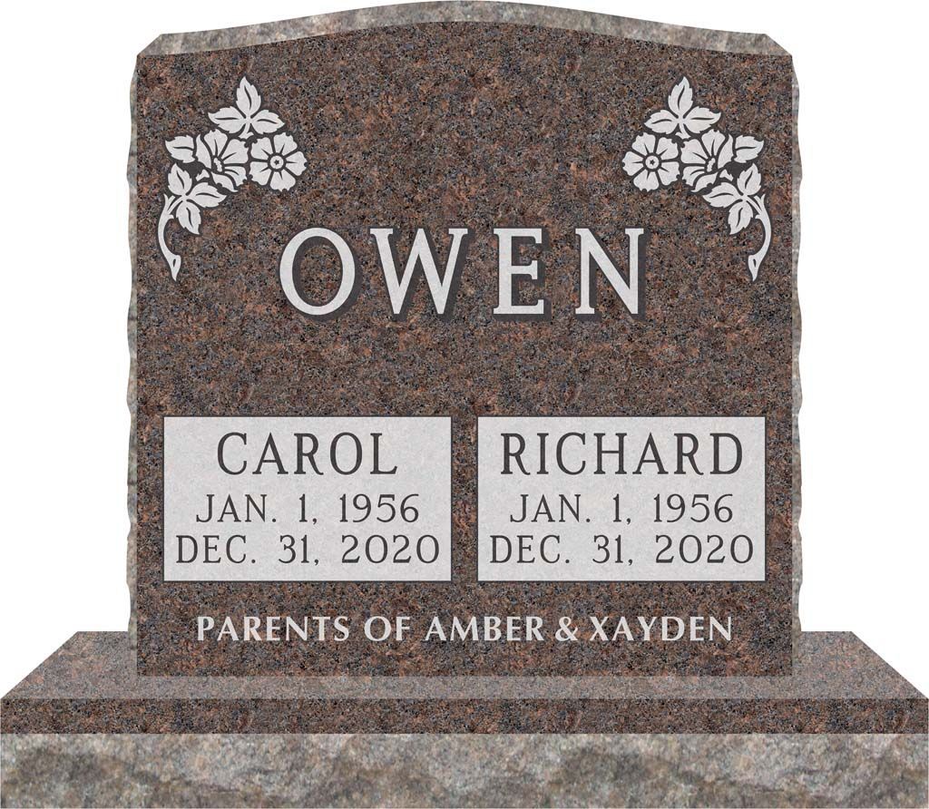Brown memorial headstone reading “OWEN” with plaques for Carol and Richard, parents of Amber & Xayden