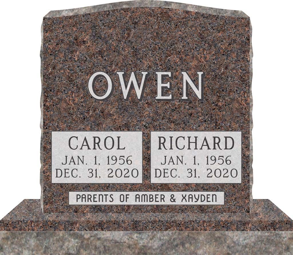 Granite memorial headstone engraved OWEN with Carol and Richard plaques at the base