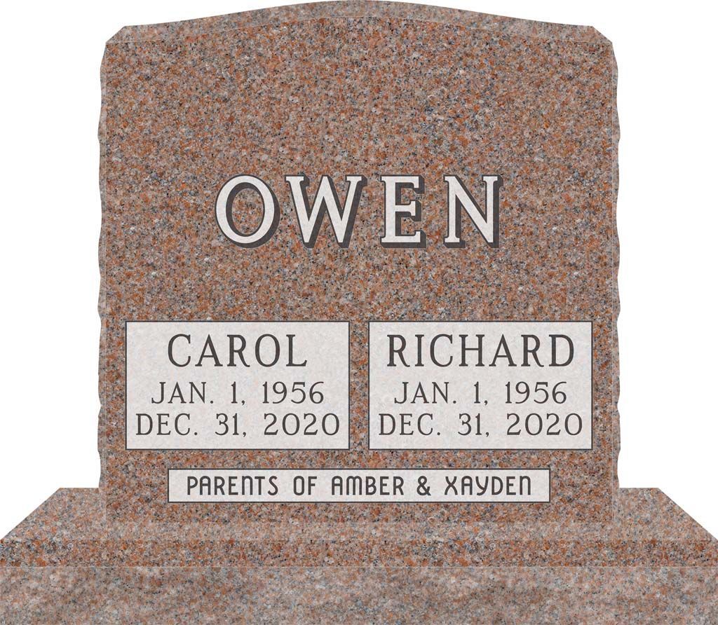 Granite memorial headstone engraved “OWEN” with plaques for Carol and Richard and “Parents of Amber & Kayden”