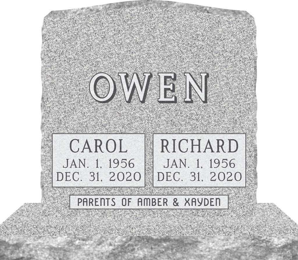 Granite memorial headstone engraved “OWEN” with plaques for Carol and Richard and dates below.