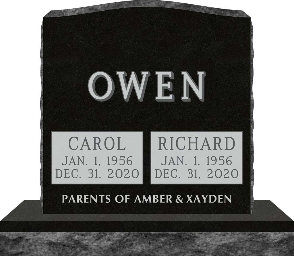 Black memorial gravestone engraved OWEN, with names Carol and Richard and dates below.