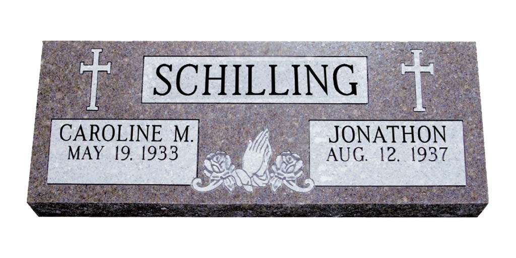 Gray granite memorial headstone with “SCHILLING,” two crosses, and name plaques for Caroline M. and Jonathan.