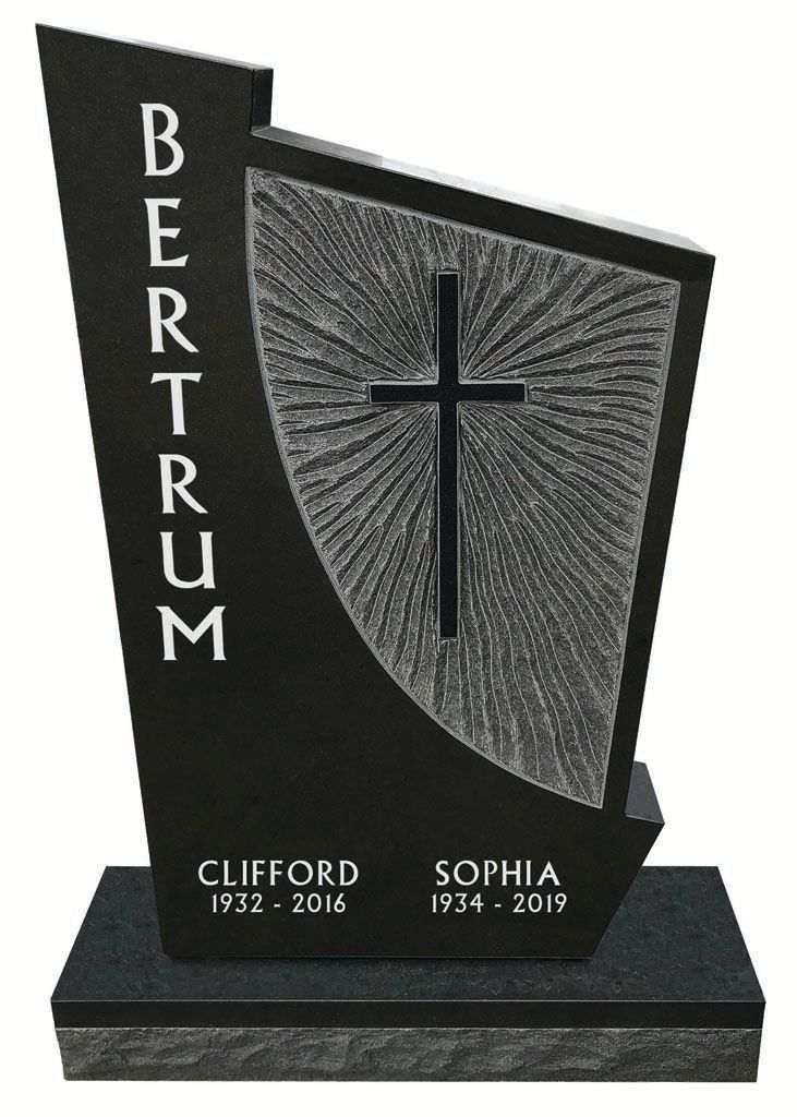 Black granite memorial tombstone with cross and the names Bertrum, Clifford, and Sophia.