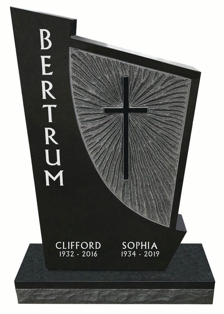 Black granite memorial headstone with a cross and the names Clifford and Sophia