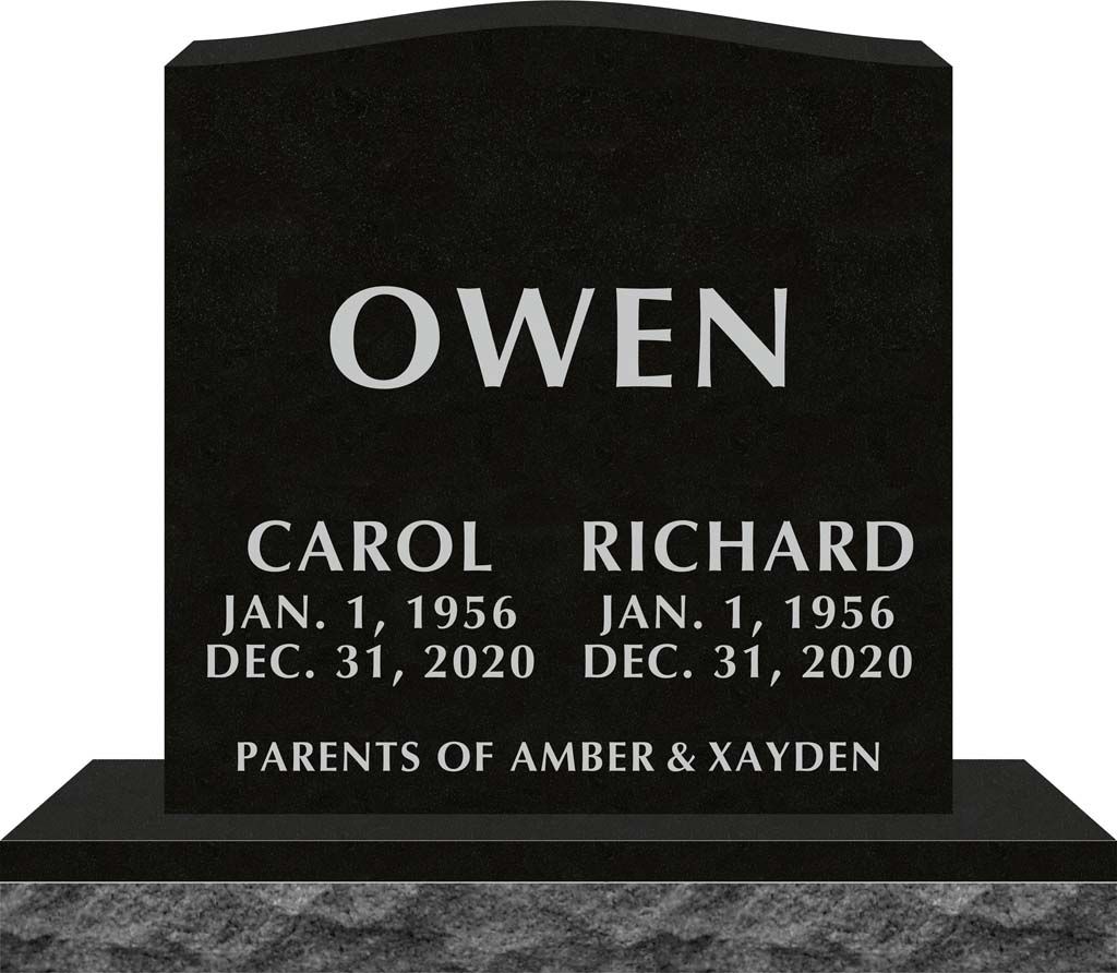 Black gravestone for Owen with names Carol and Richard, dates Jan. 1, 1956–Dec. 31, 2020.