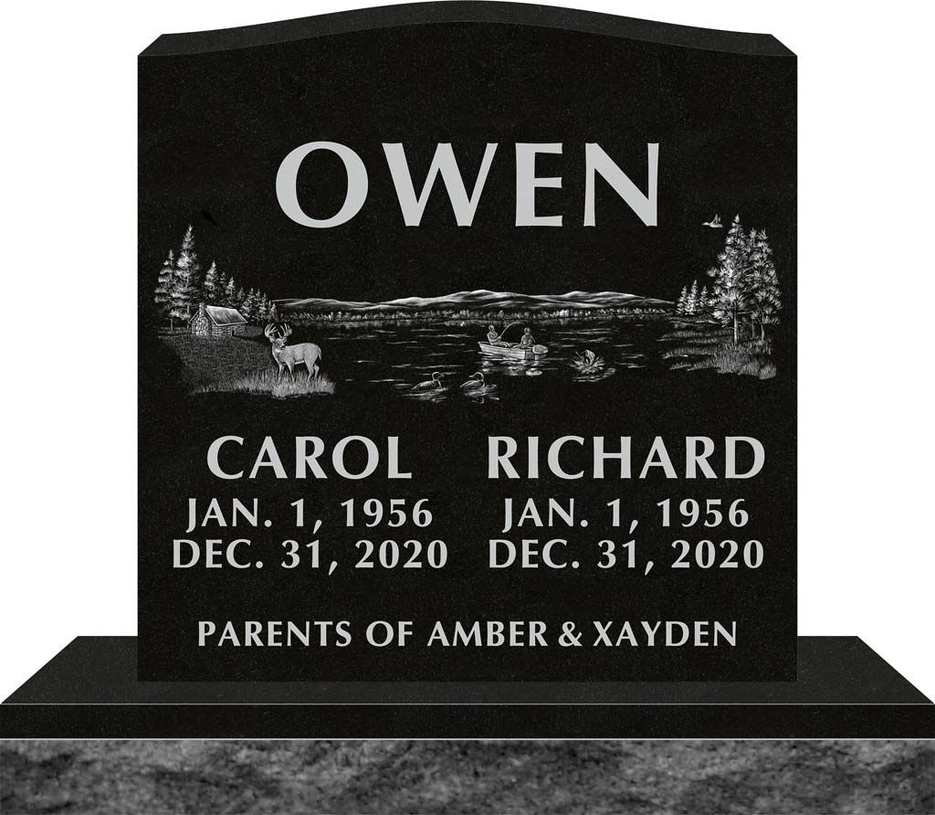 Black memorial headstone engraved “OWEN” with Carol and Richard, dates, and “Parents of Amber & Kayden”