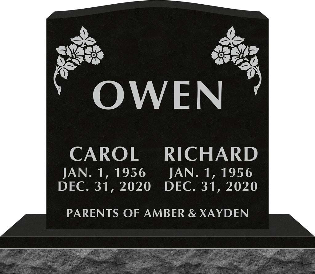 Black memorial headstone engraved with “OWEN” and names Carol and Richard, with floral designs.
