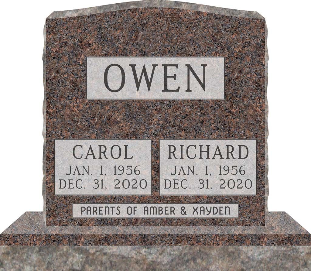 Gray granite memorial headstone engraved OWEN with plaques for Carol and Richard beneath.