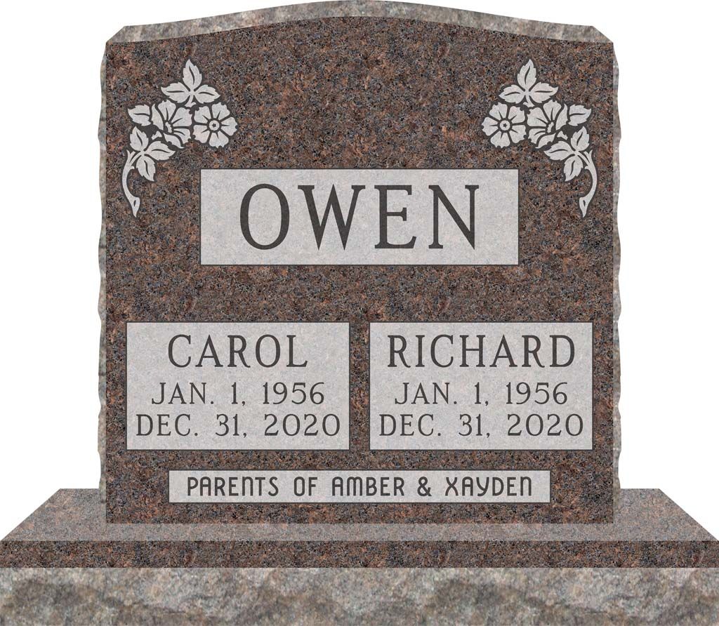 Gray granite memorial headstone with floral etching for Owen, Carol, and Richard.