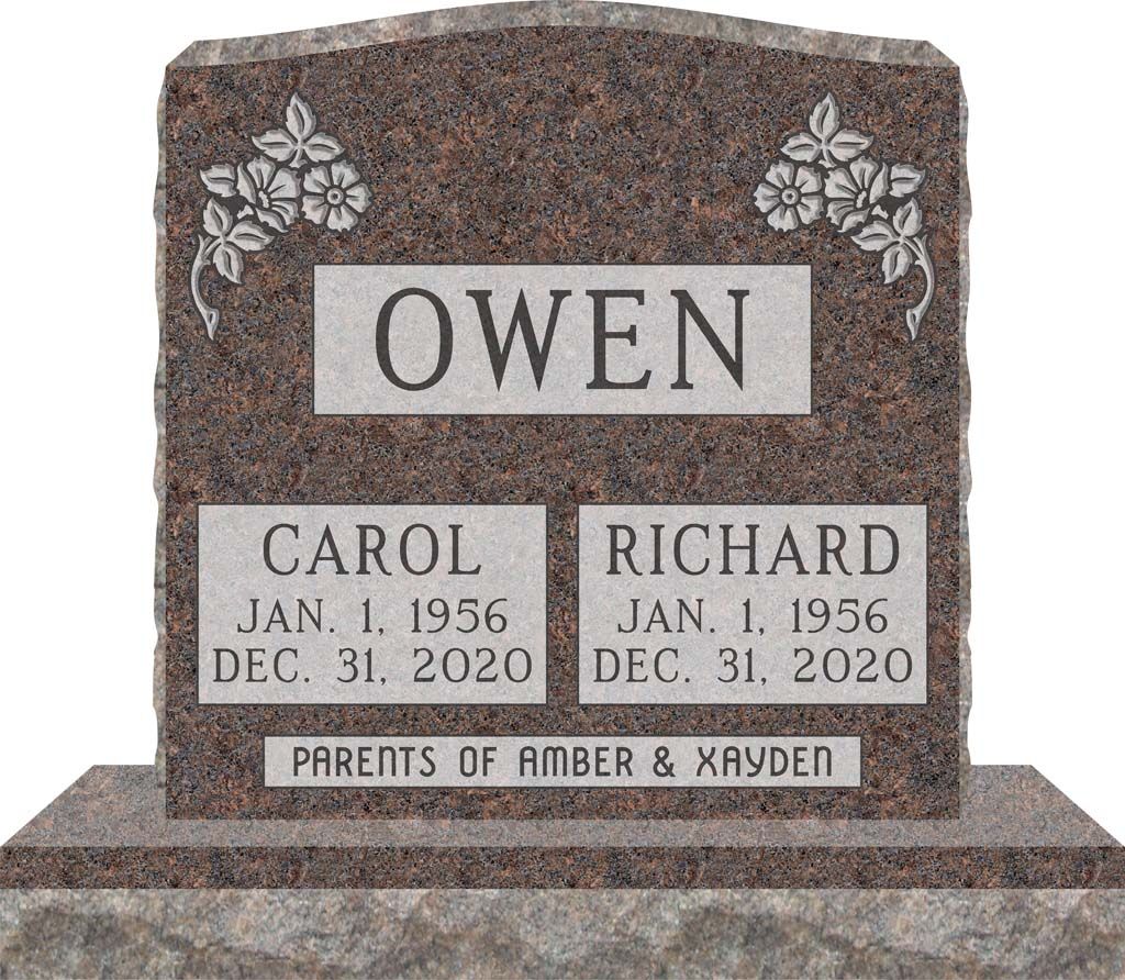 Gray granite memorial headstone engraved OWEN with Carol and Richard, parents of Amber & Kayden.