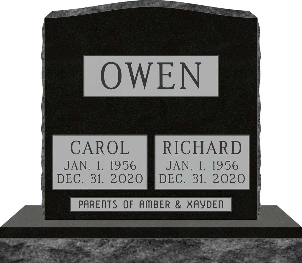 Black memorial headstone engraved “OWEN” with two name plaques and dates, on a gray base.