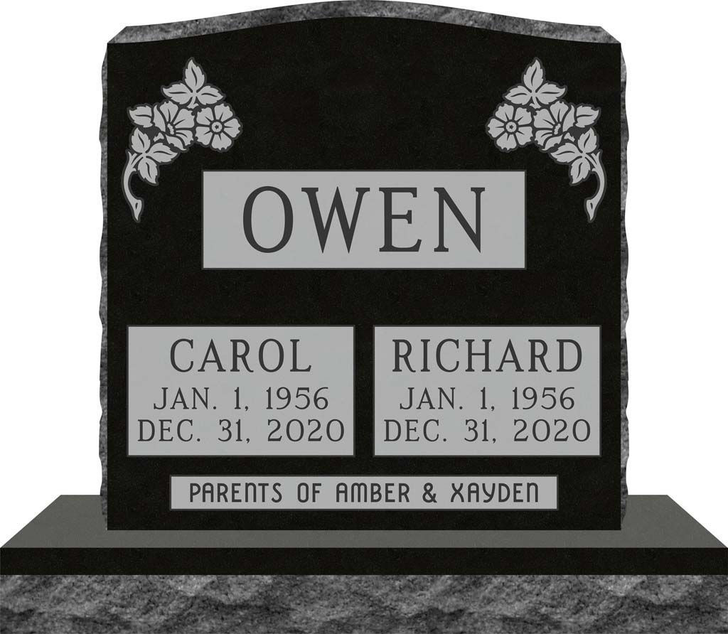Black granite memorial headstone with flowers, reading OWEN and two names with dates.