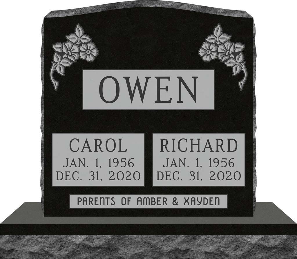 Gray memorial headstone engraved OWEN with names Carol and Richard, on a base reading “Parents of Amber & Kayden”