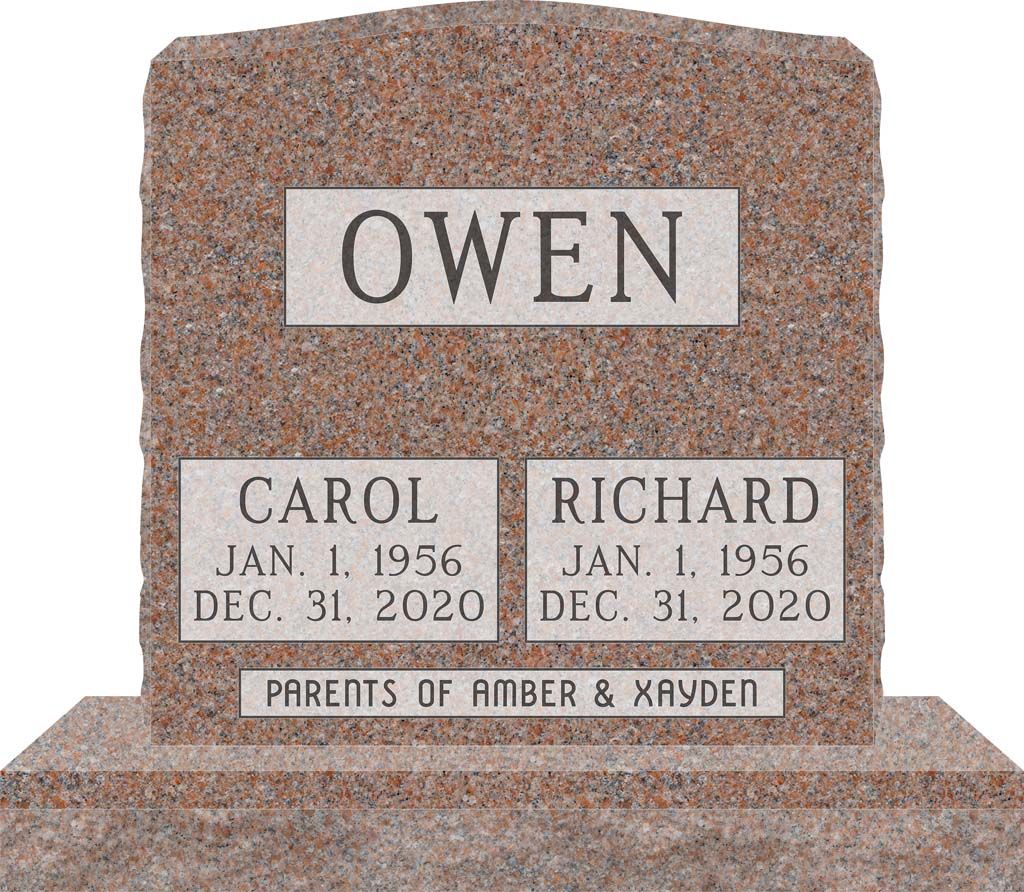 Granite memorial stone engraved OWEN with CAROL and RICHARD plaques below.