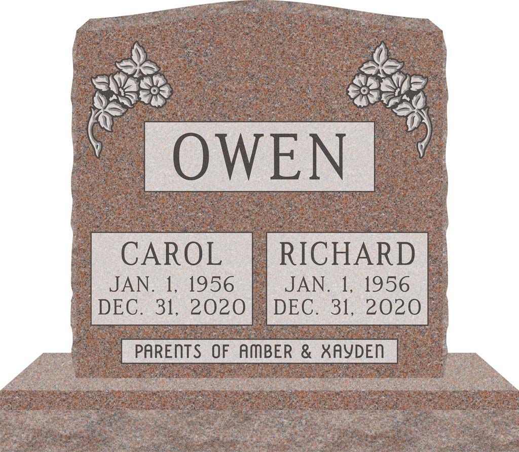 Brown granite memorial headstone engraved “OWEN” with names Carol and Richard and floral carvings