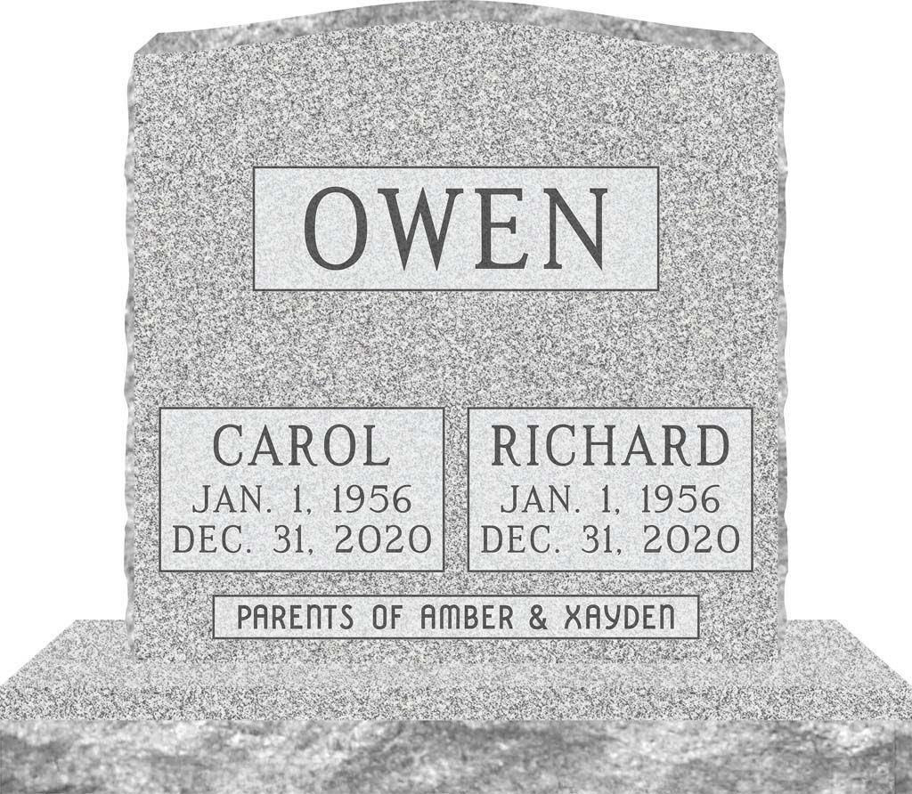 Gray gravestone for Owen with plaques for Carol and Richard and a dedication to Amber & Kayden