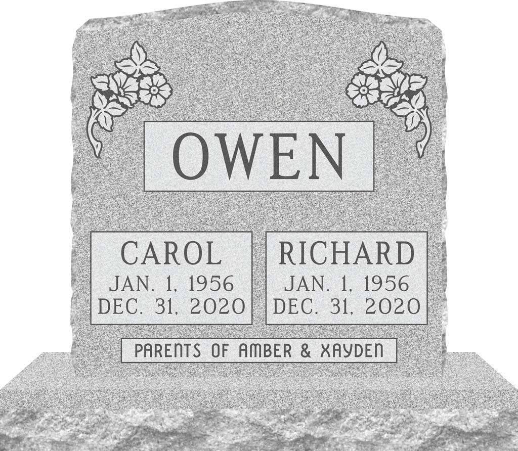 Gray gravestone with OWEN, floral carvings, and plaques for Carol and Richard Owen, 1956–2020