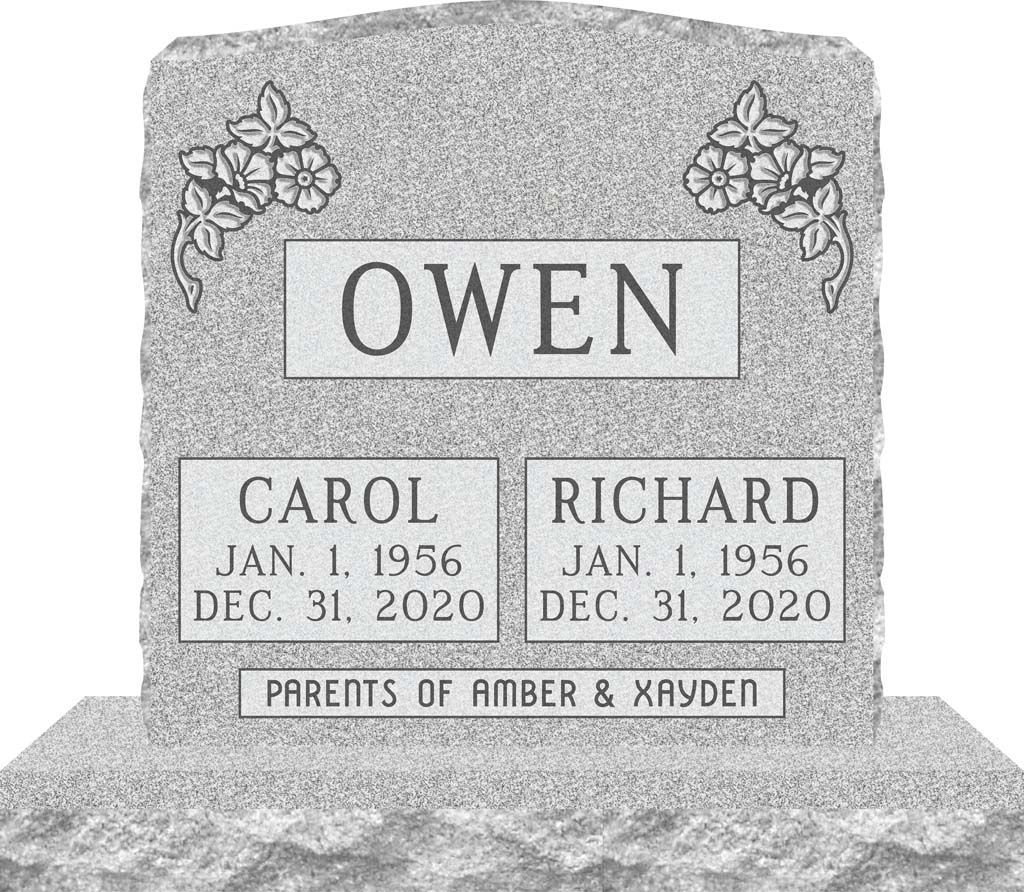 Owen family gravestone for Carol and Richard, with flowers and “Parents of Amber & Hayden” plaque