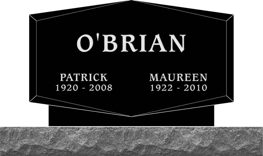 Black granite memorial headstone engraved O'Brian with Patrick and Maureen names and dates.