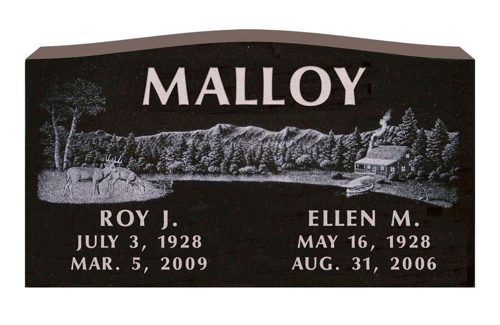 Black gravestone engraved “MALLOY” with a landscape scene and names Roy J. and Ellen M.