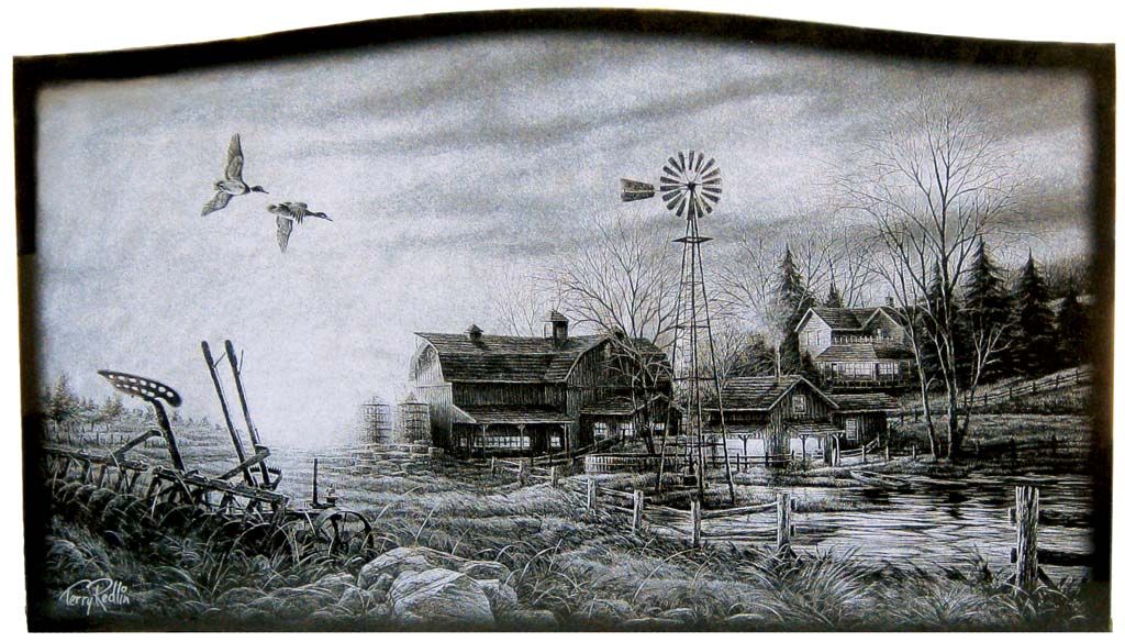 Black-and-white rural landscape with houses, fences, bare trees, and birds flying overhead.