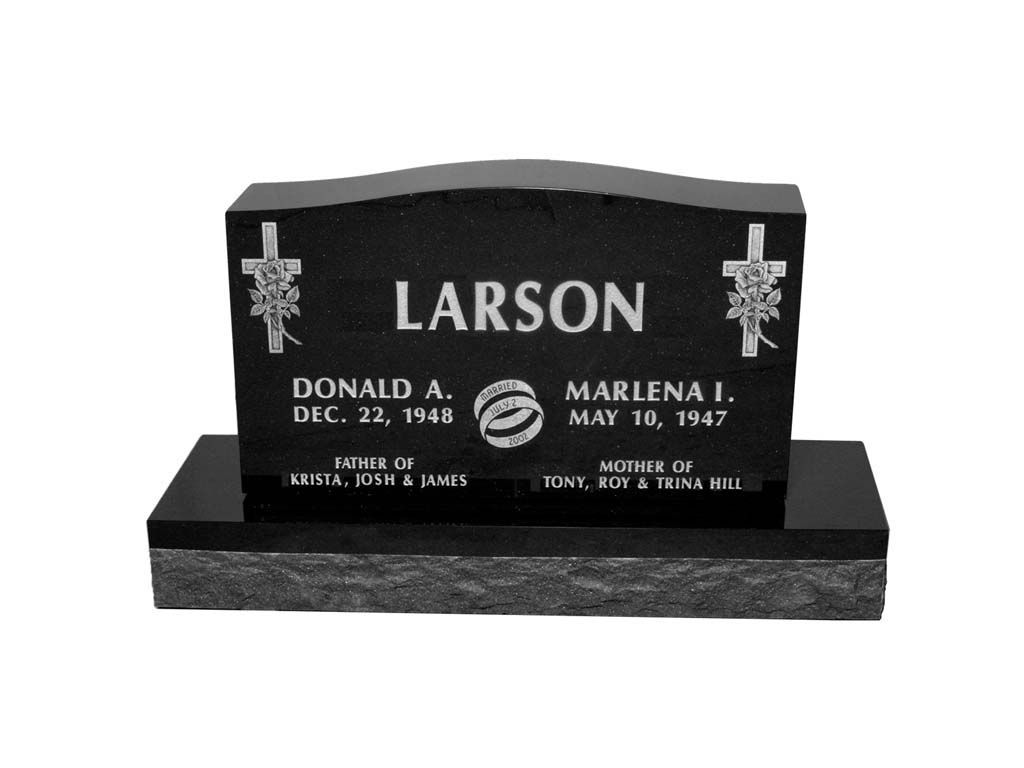 Black granite Larson family gravestone with engraved names and cross designs