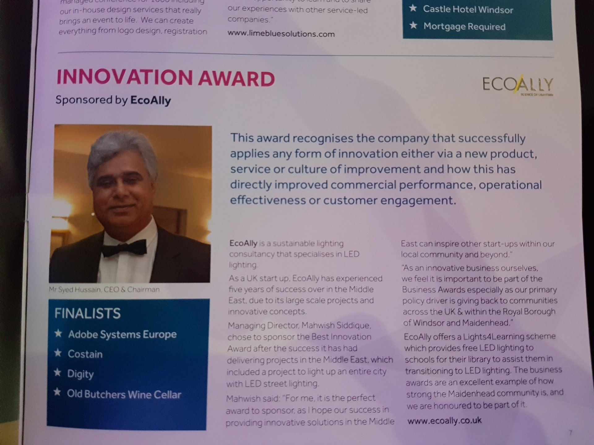 A man in a tuxedo is on a page that says innovation award