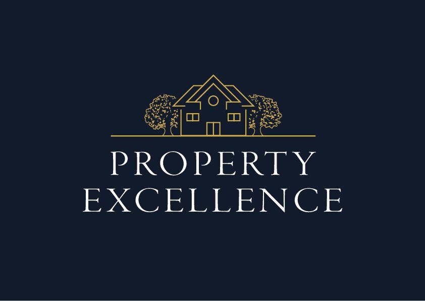 A logo for property excellence with a house and trees