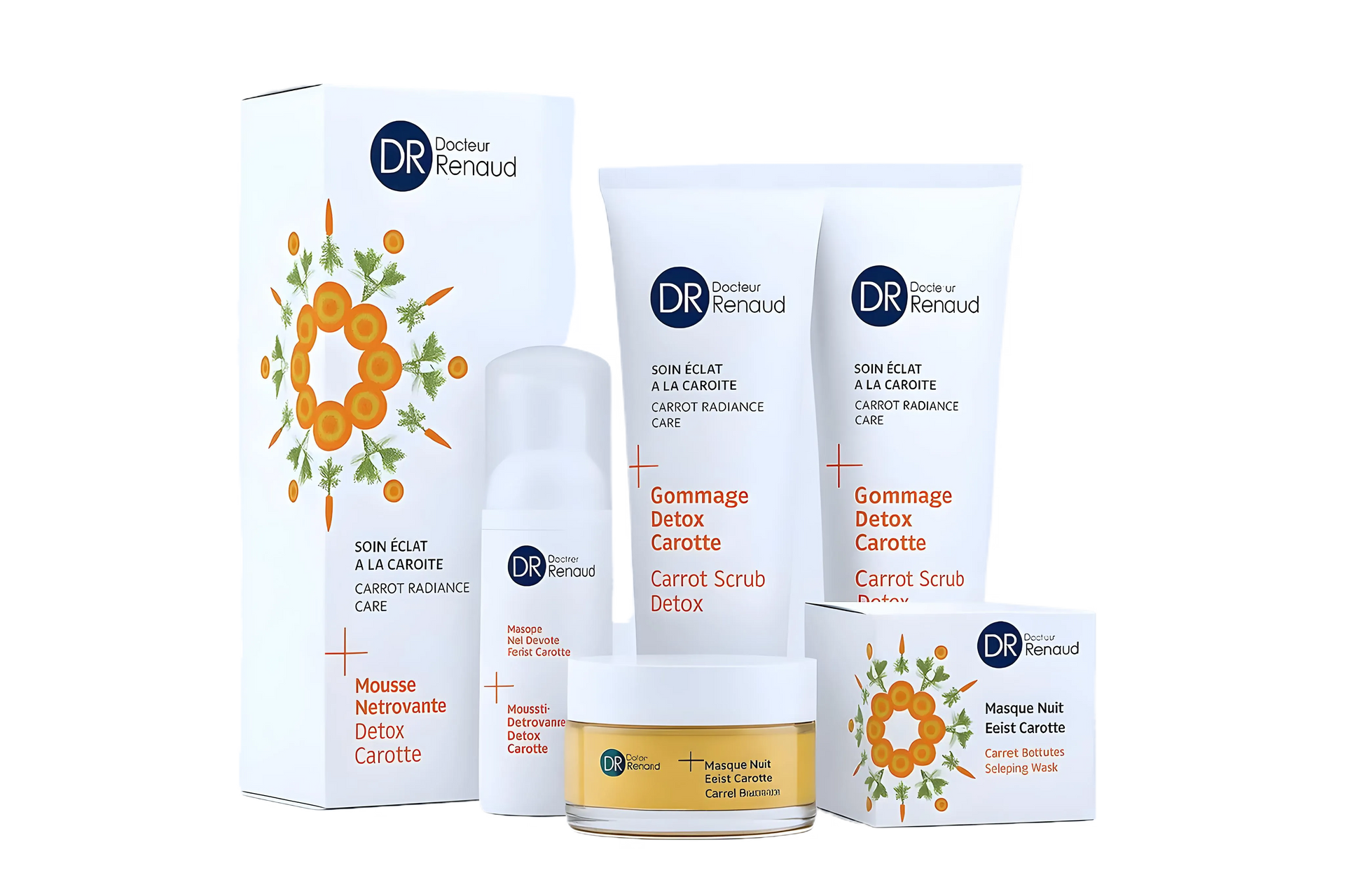 Een groep cosmetische producten, waaronder een lotion en een crème