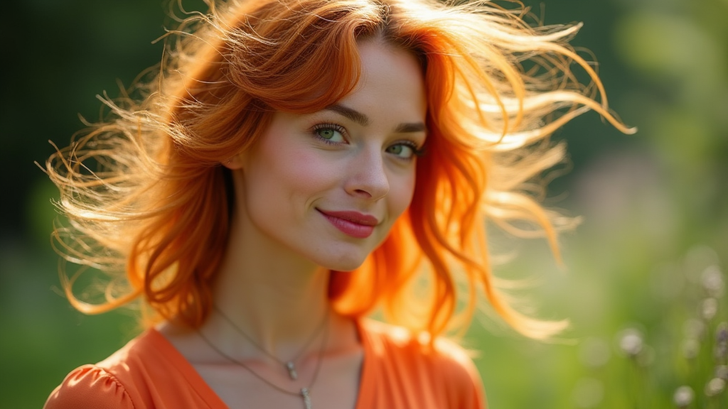 Een vrouw met rood haar draagt ​​een oranje jurk en een ketting.