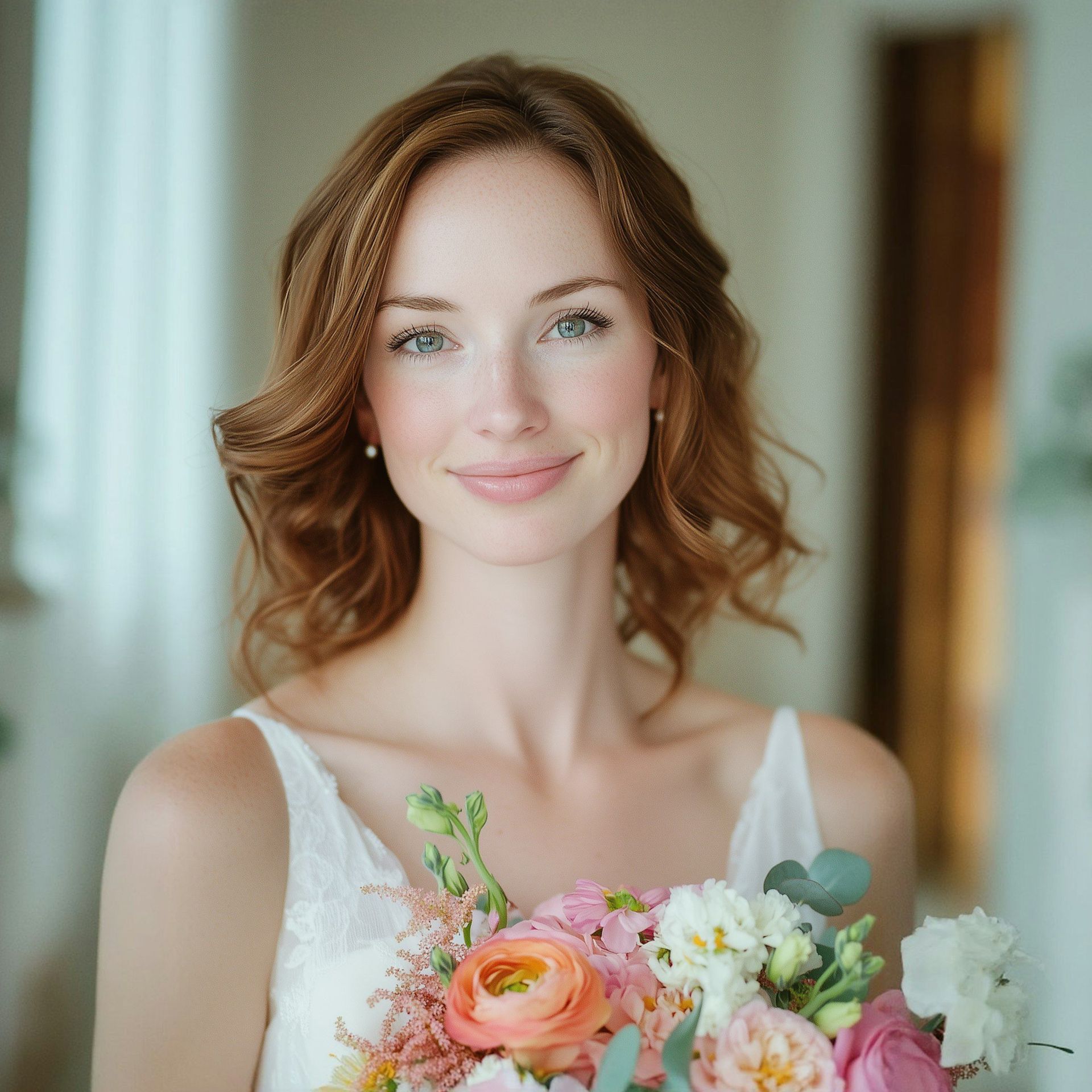 Een vrouw in een witte jurk houdt een boeket bloemen vast.