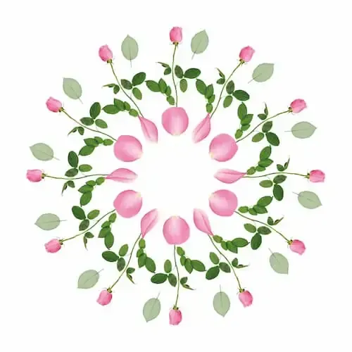 Een cirkelvormig patroon van roze bloemen en groene bladeren op een witte achtergrond