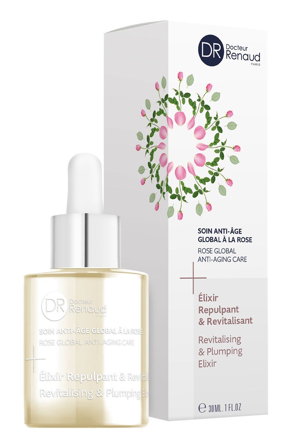 Een flesje serum naast een doos op een witte achtergrond.