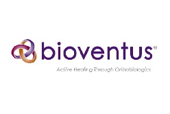 Het bioventus-logo is paars en oranje en zegt actieve genezing door orthobiologie.