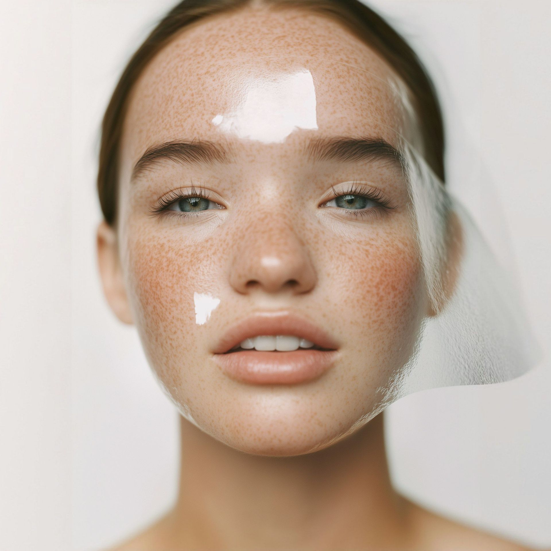 Een vrouw met een helder masker op haar gezicht