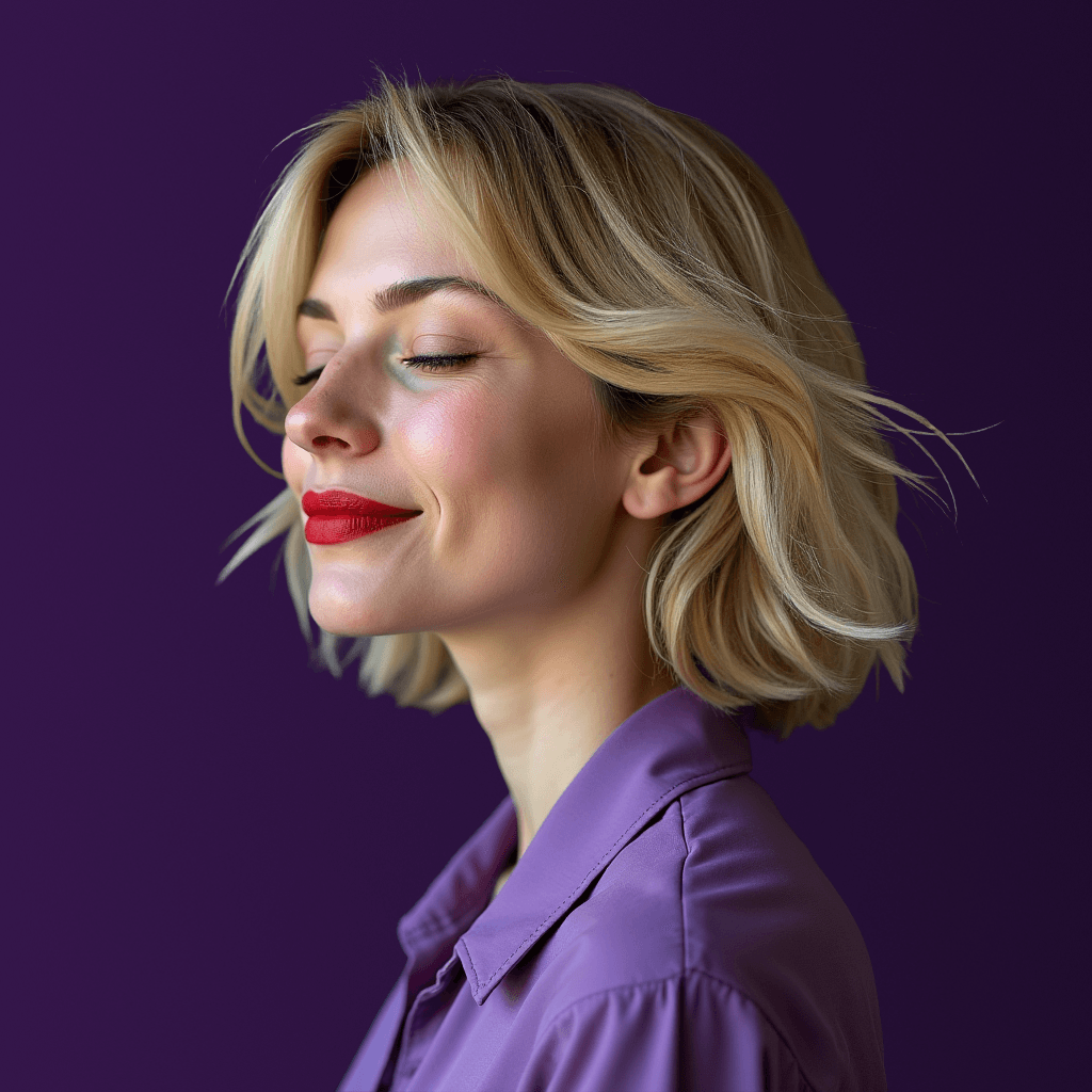 De vrouw draagt ​​een paars shirt en rode lippenstift.