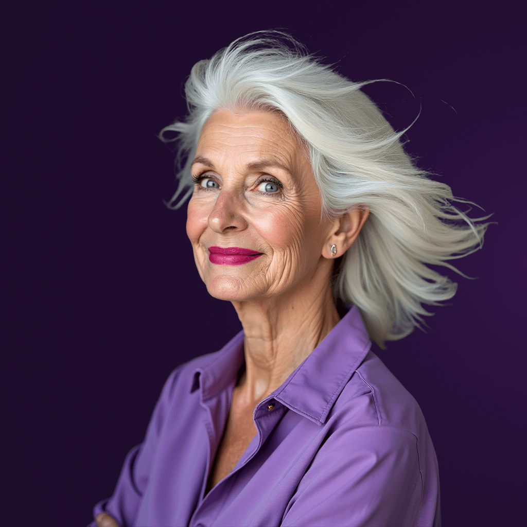 Een oudere vrouw met grijs haar draagt ​​een paars shirt.