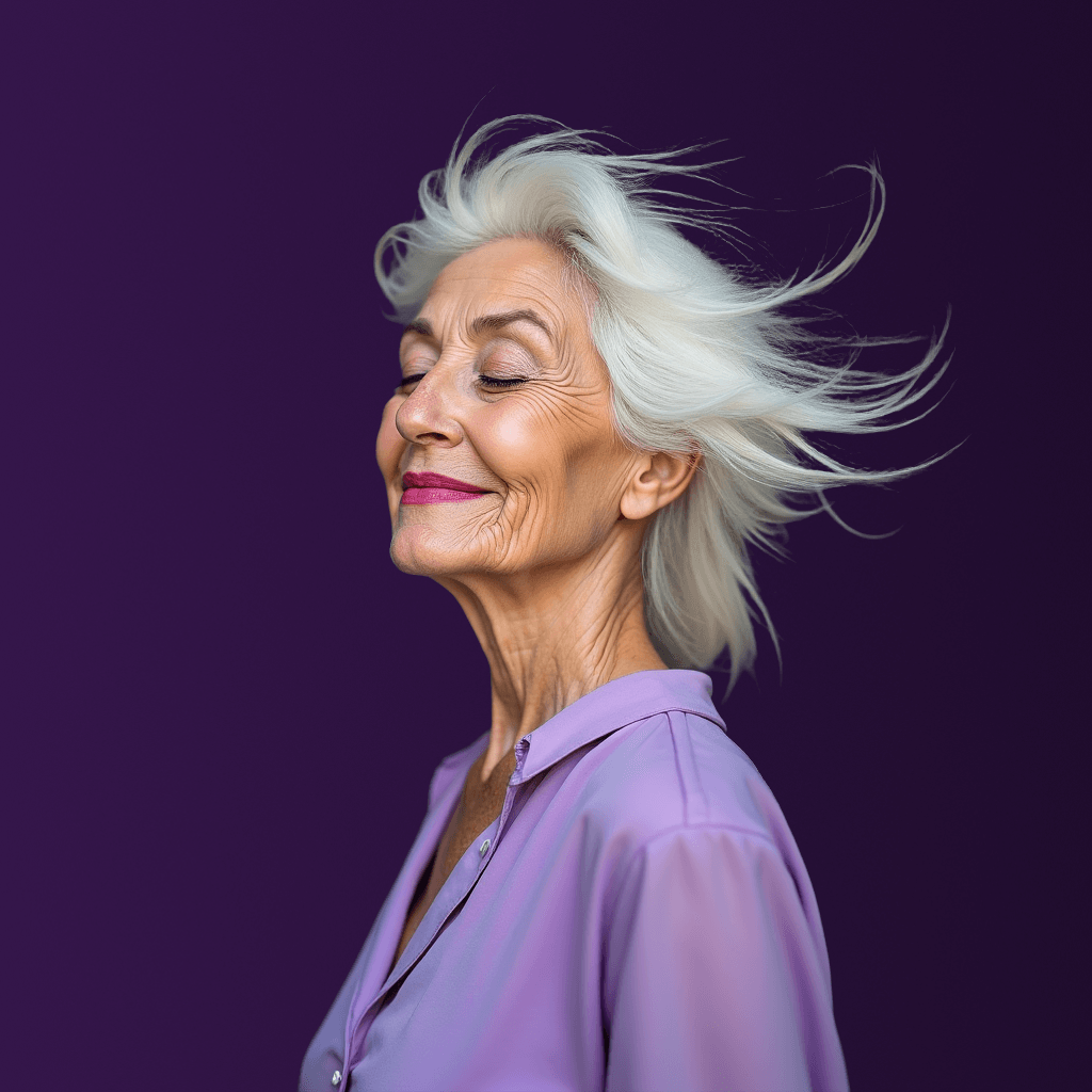 De vrouw draagt ​​een paars shirt en haar haar wappert in de wind.