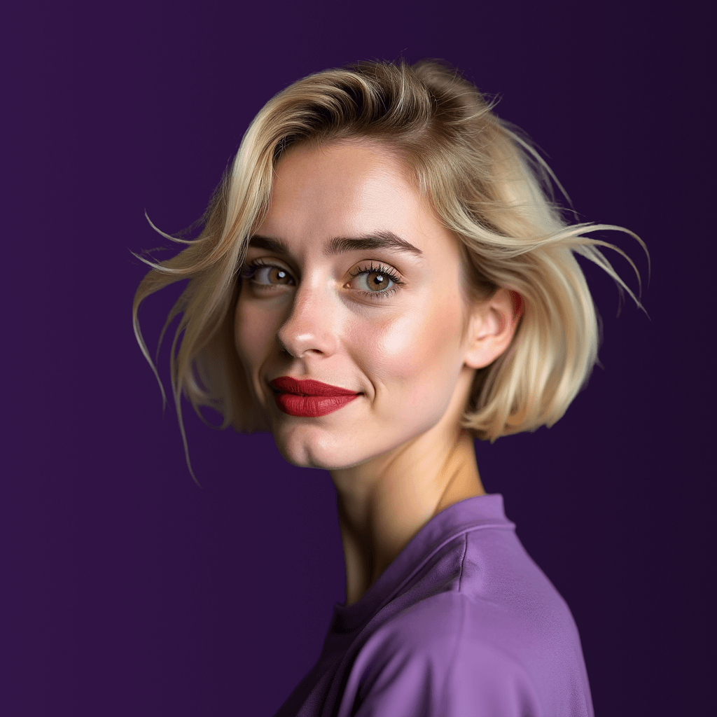 Een vrouw met blond haar en rode lippenstift draagt ​​een paars shirt.