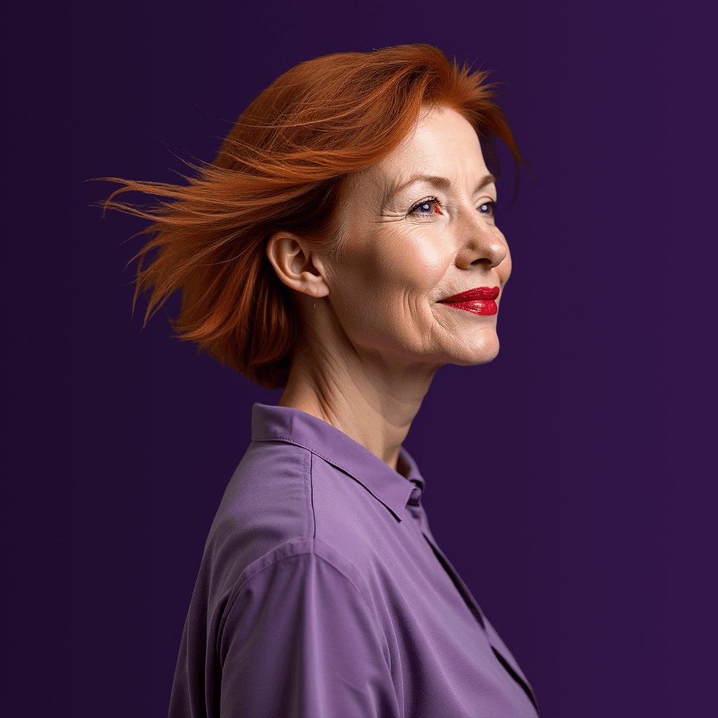 Een vrouw met rood haar draagt ​​een paars shirt en rode lippenstift.